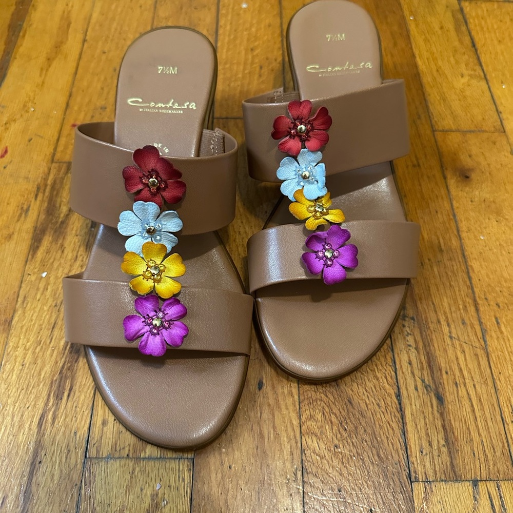 Comfortiva Tan wedges with colorful Floral Accents